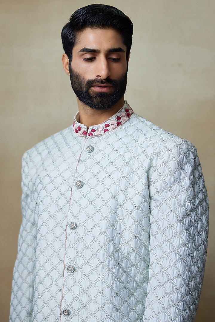 Mint Silk Printed & Embroidered Groom Sherwani by SHASHA GABA MEN at Pernia's Pop Up Shop