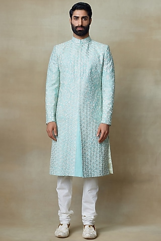 Jade Silk Printed & Embroidered Sherwani by SHASHA GABA MEN