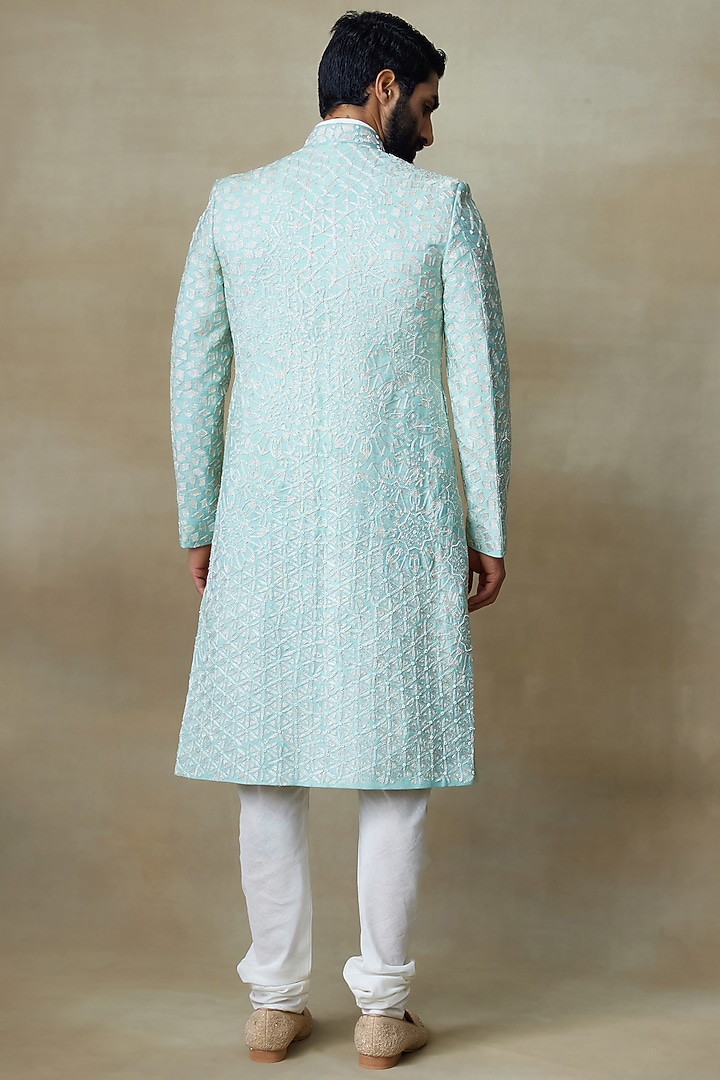 Jade Silk Printed & Embroidered Groom Sherwani by SHASHA GABA MEN at Pernia's Pop Up Shop
