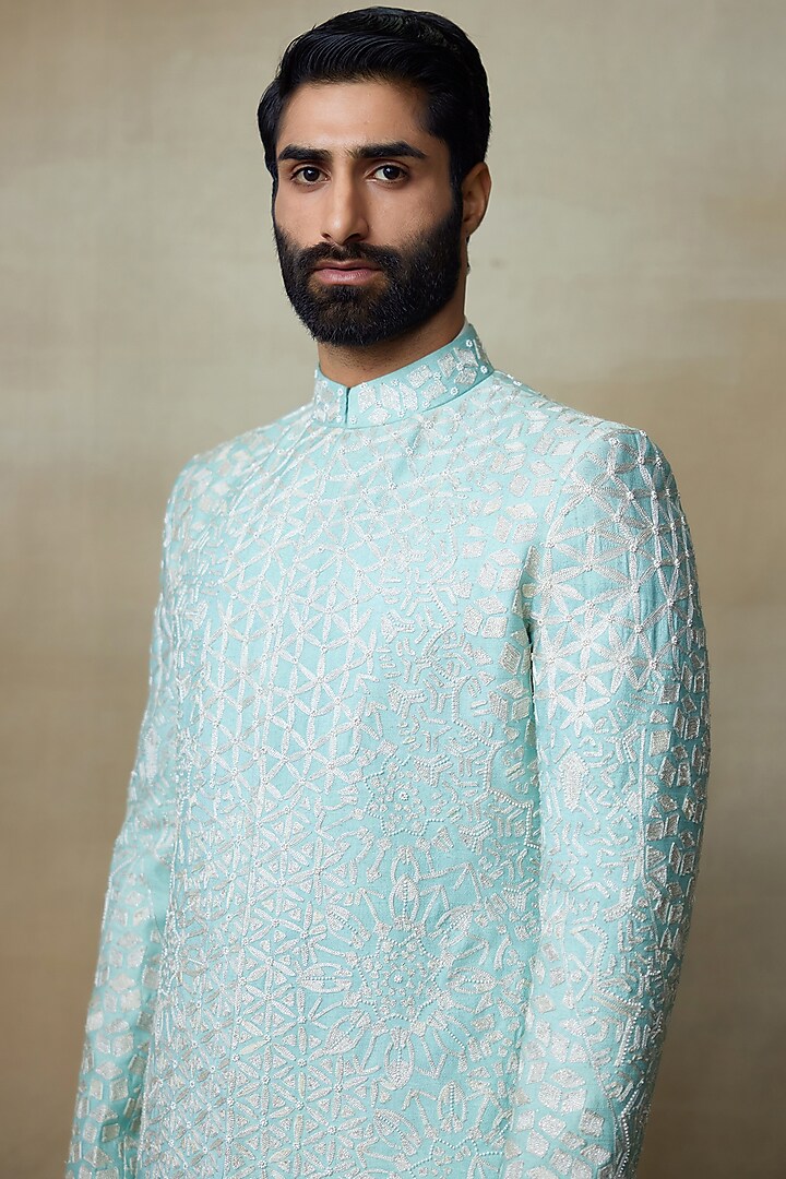 Jade Silk Printed & Embroidered Groom Sherwani by SHASHA GABA MEN at Pernia's Pop Up Shop