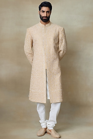Gold SIlk Printed & Embroidered Sherwani by SHASHA GABA MEN