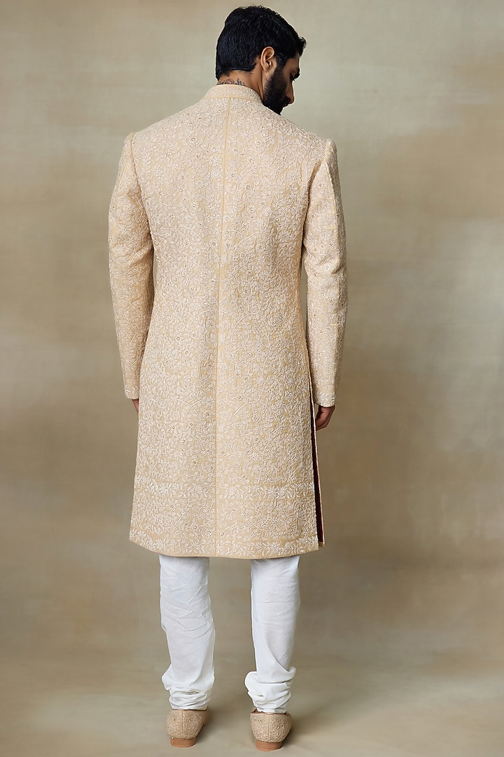 Gold SIlk Printed & Embroidered Groom Sherwani by SHASHA GABA MEN at Pernia's Pop Up Shop