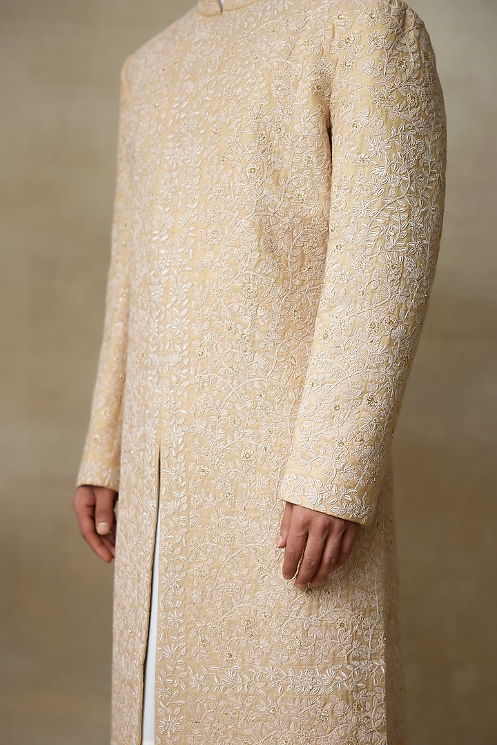 Gold SIlk Printed & Embroidered Groom Sherwani by SHASHA GABA MEN at Pernia's Pop Up Shop