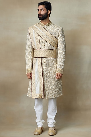 Gold Silk Abstract Printed & Resham Embellished Sherwani by SHASHA GABA MEN