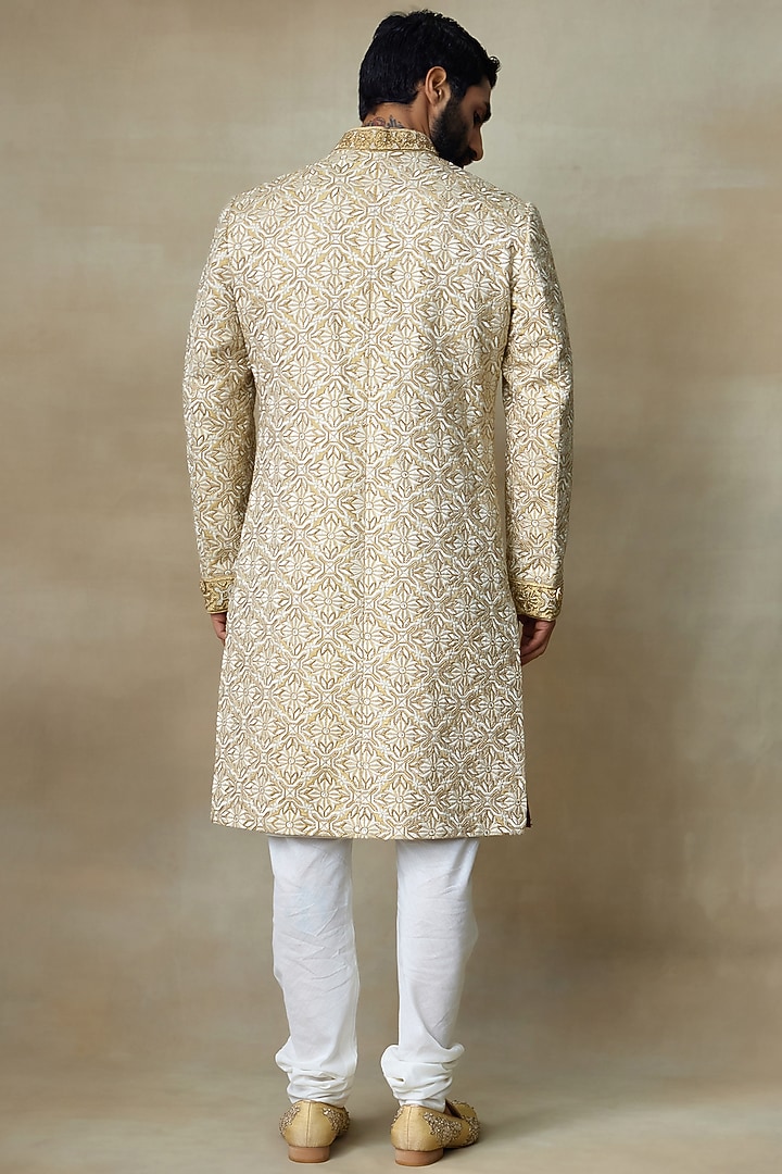 Gold Silk Abstract Printed & Resham Embellished Groom Sherwani by SHASHA GABA MEN at Pernia's Pop Up Shop