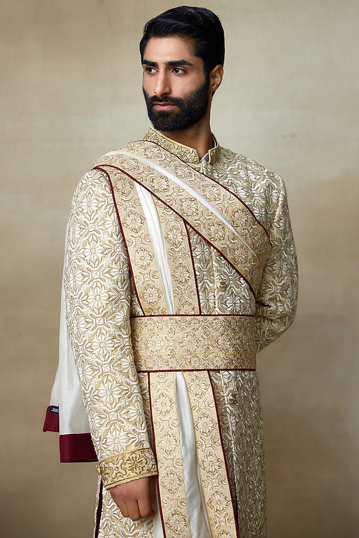 Gold Silk Abstract Printed & Resham Embellished Groom Sherwani by SHASHA GABA MEN at Pernia's Pop Up Shop