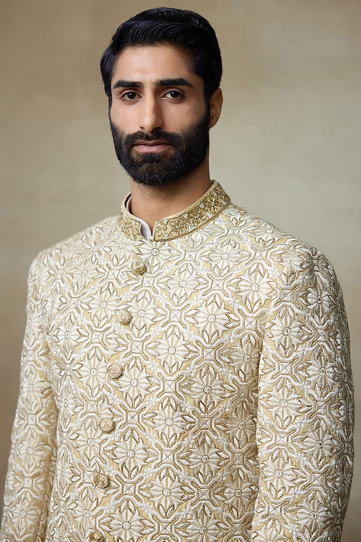 Gold Silk Abstract Printed & Resham Embellished Groom Sherwani by SHASHA GABA MEN at Pernia's Pop Up Shop