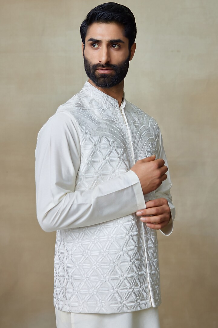 White Silk Printed & Embroidered Bundi Jacket by SHASHA GABA MEN at Pernia's Pop Up Shop