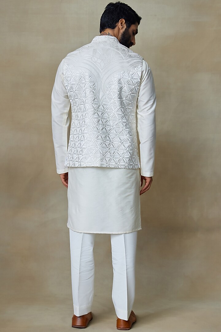 White Silk Printed & Embroidered Bundi Jacket by SHASHA GABA MEN at Pernia's Pop Up Shop