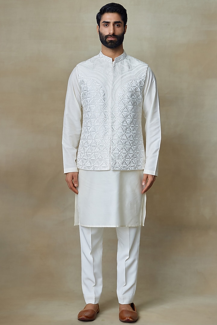 White Silk Printed & Embroidered Bundi Jacket by SHASHA GABA MEN at Pernia's Pop Up Shop