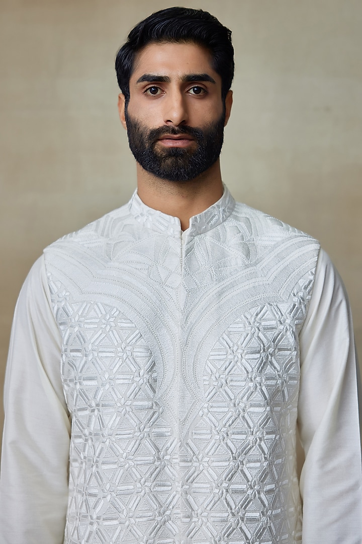 White Silk Printed & Embroidered Bundi Jacket by SHASHA GABA MEN at Pernia's Pop Up Shop