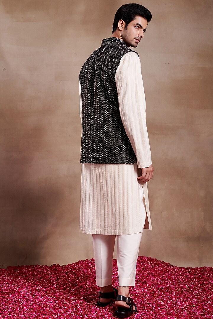 Black Silk Pearl Work Bundi Jacket by SHASHA GABA MEN at Pernia's Pop Up Shop