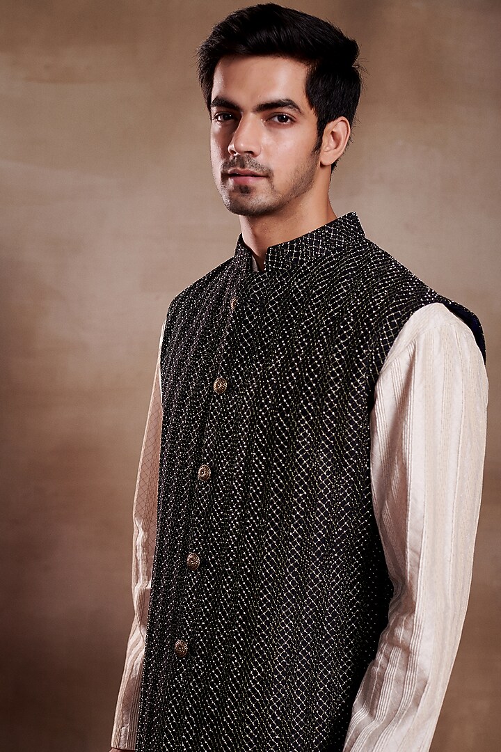 Black Silk Pearl Work Bundi Jacket by SHASHA GABA MEN at Pernia's Pop Up Shop