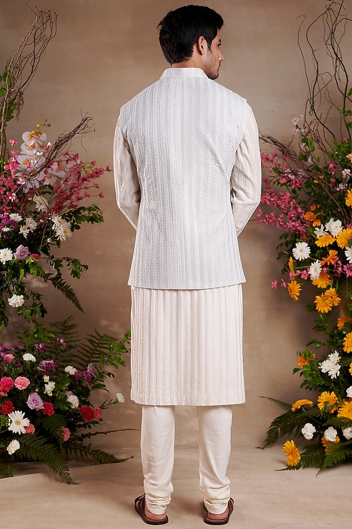 Icy Blue Silk Pearl Work Bundi Jacket Set by SHASHA GABA MEN at Pernia's Pop Up Shop