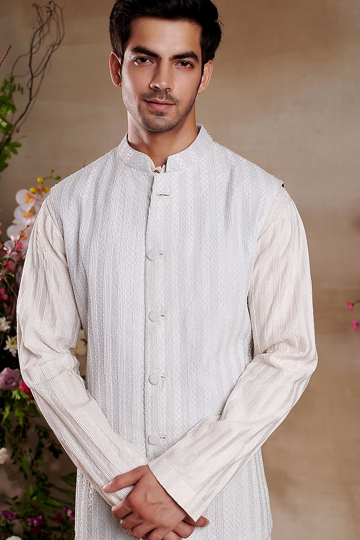 Icy Blue Silk Pearl Work Bundi Jacket Set by SHASHA GABA MEN at Pernia's Pop Up Shop