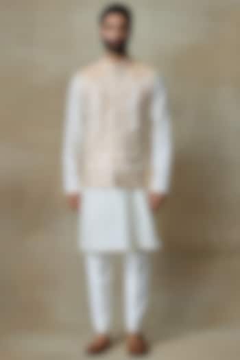 White Silk Printed & Embroidered Bundi Jacket by SHASHA GABA MEN at Pernia's Pop Up Shop