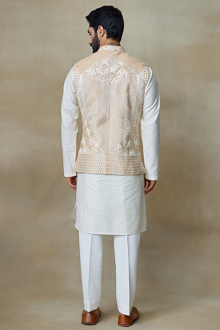 White Silk Printed & Embroidered Bundi Jacket by SHASHA GABA MEN at Pernia's Pop Up Shop