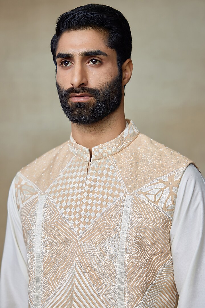 White Silk Printed & Embroidered Bundi Jacket by SHASHA GABA MEN at Pernia's Pop Up Shop