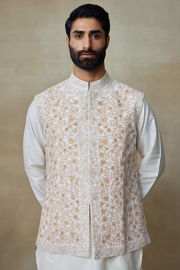 Ivory Silk Printed & Embroidered Bundi Jacket by SHASHA GABA MEN at Pernia's Pop Up Shop