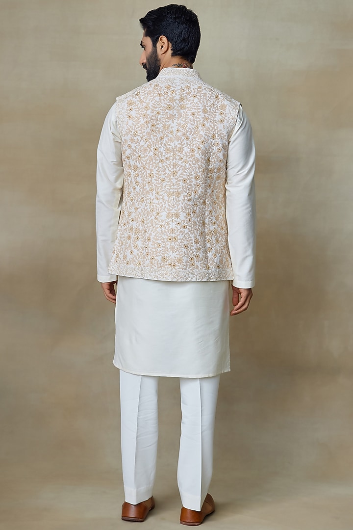Ivory Silk Printed & Embroidered Bundi Jacket by SHASHA GABA MEN at Pernia's Pop Up Shop