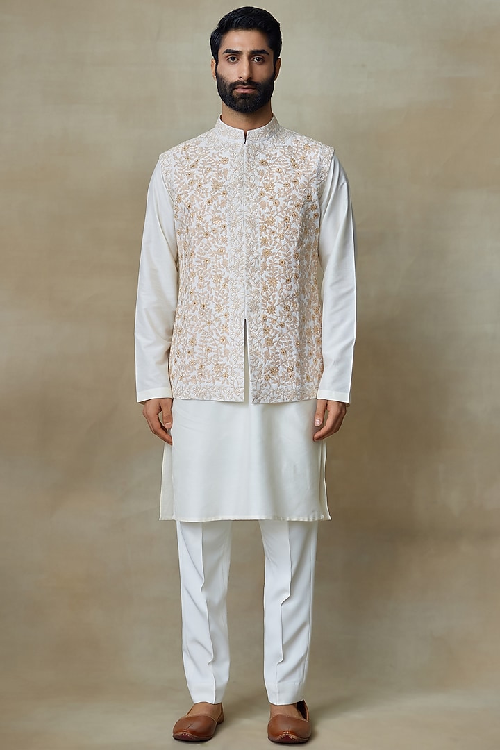 Ivory Silk Printed & Embroidered Bundi Jacket by SHASHA GABA MEN at Pernia's Pop Up Shop