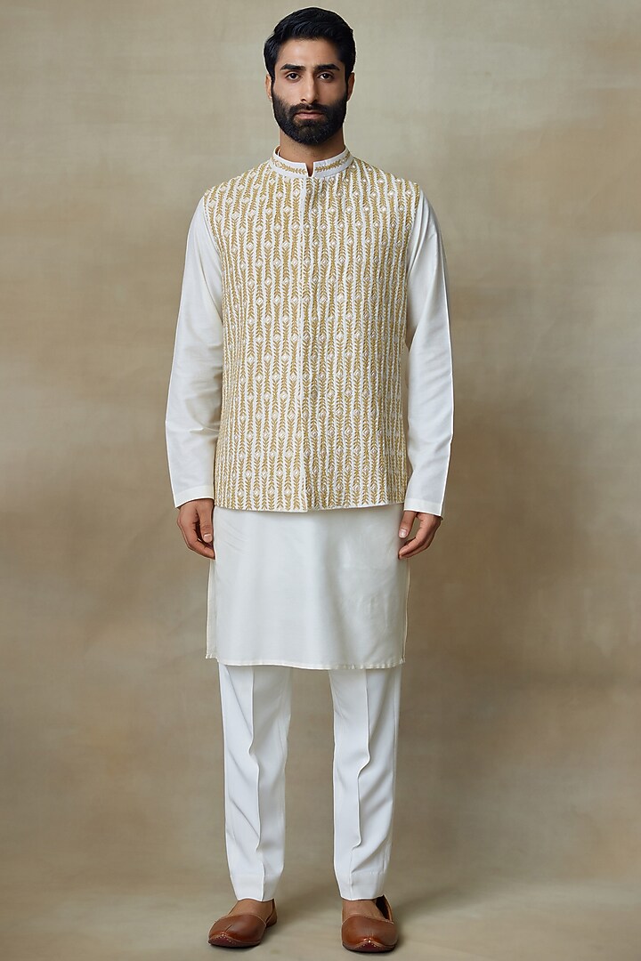 Ivory Silk Printed & Embroidered Bundi Jacket by SHASHA GABA MEN at Pernia's Pop Up Shop