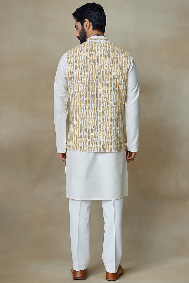 Ivory Silk Printed & Embroidered Bundi Jacket by SHASHA GABA MEN at Pernia's Pop Up Shop