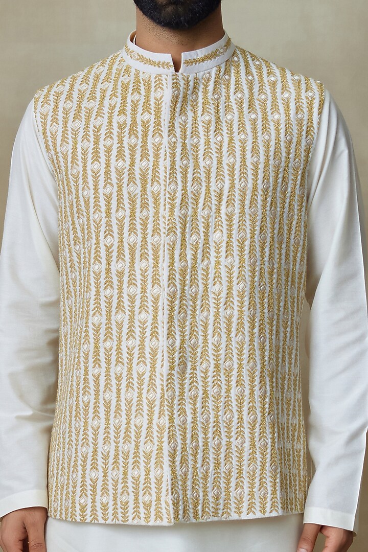 Ivory Silk Printed & Embroidered Bundi Jacket by SHASHA GABA MEN at Pernia's Pop Up Shop
