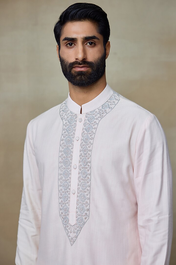 Pink Silk Aari Embroidered Kurta by SHASHA GABA MEN at Pernia's Pop Up Shop