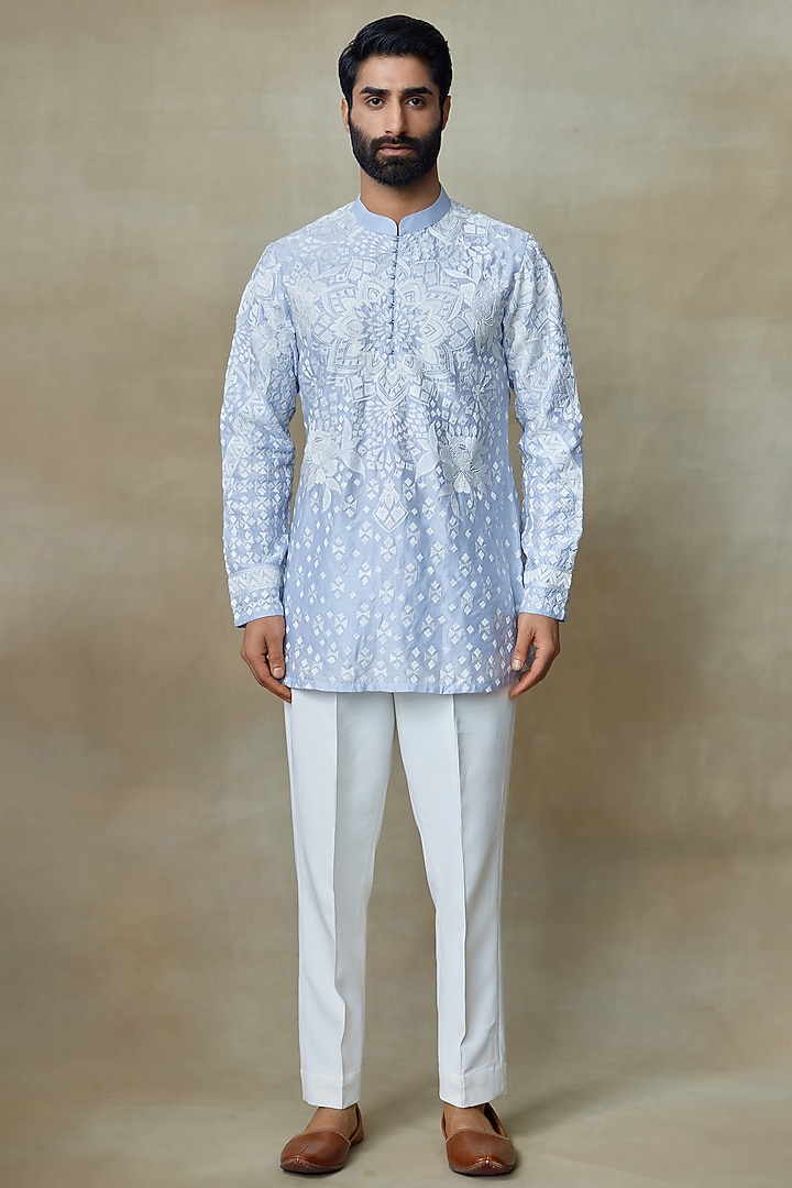 Icy Blue Silk Chanderi Printed & Embroidered Kurta by SHASHA GABA MEN at Pernia's Pop Up Shop