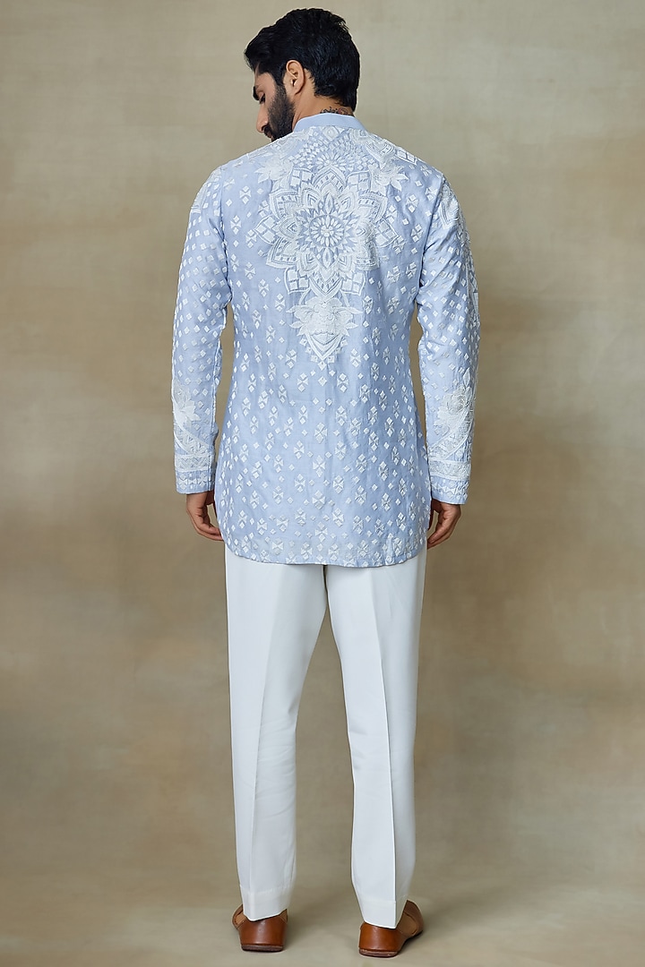 Icy Blue Silk Chanderi Printed & Embroidered Kurta by SHASHA GABA MEN at Pernia's Pop Up Shop