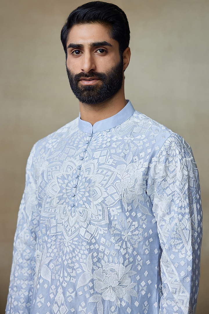 Icy Blue Silk Chanderi Printed & Embroidered Kurta by SHASHA GABA MEN at Pernia's Pop Up Shop