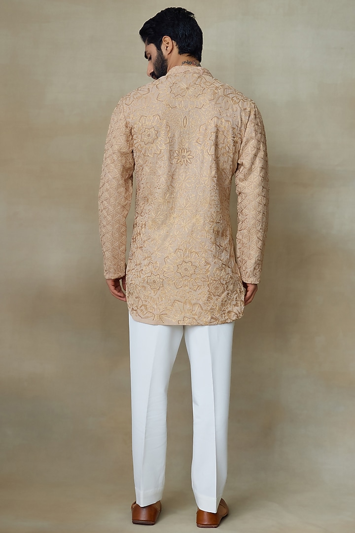 Beige Silk Chanderi Printed & Embroidered Kurta by SHASHA GABA MEN at Pernia's Pop Up Shop