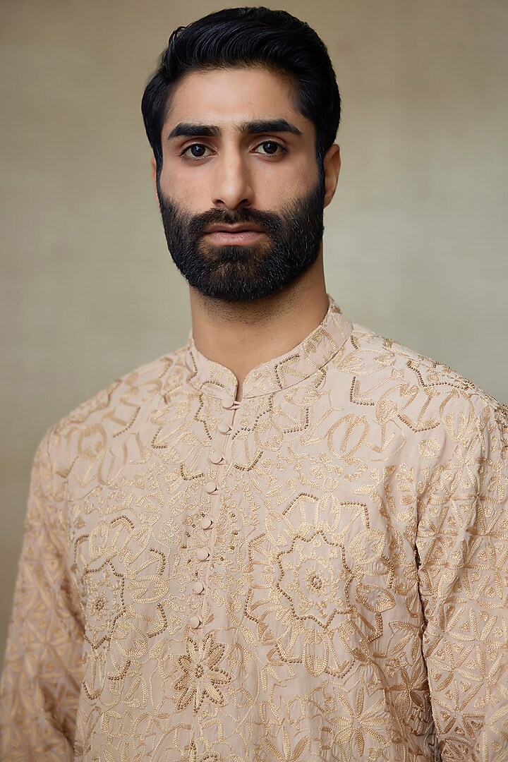 Beige Silk Chanderi Printed & Embroidered Kurta by SHASHA GABA MEN at Pernia's Pop Up Shop