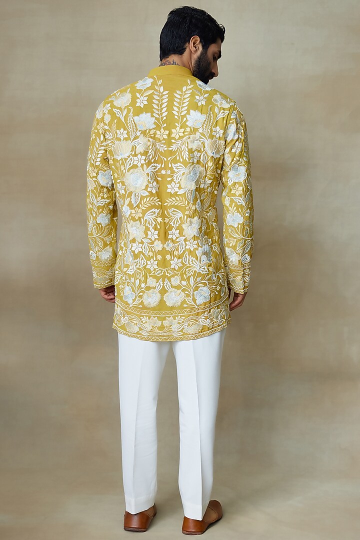 Yellow Silk Printed & Embroidered Kurta by SHASHA GABA MEN at Pernia's Pop Up Shop