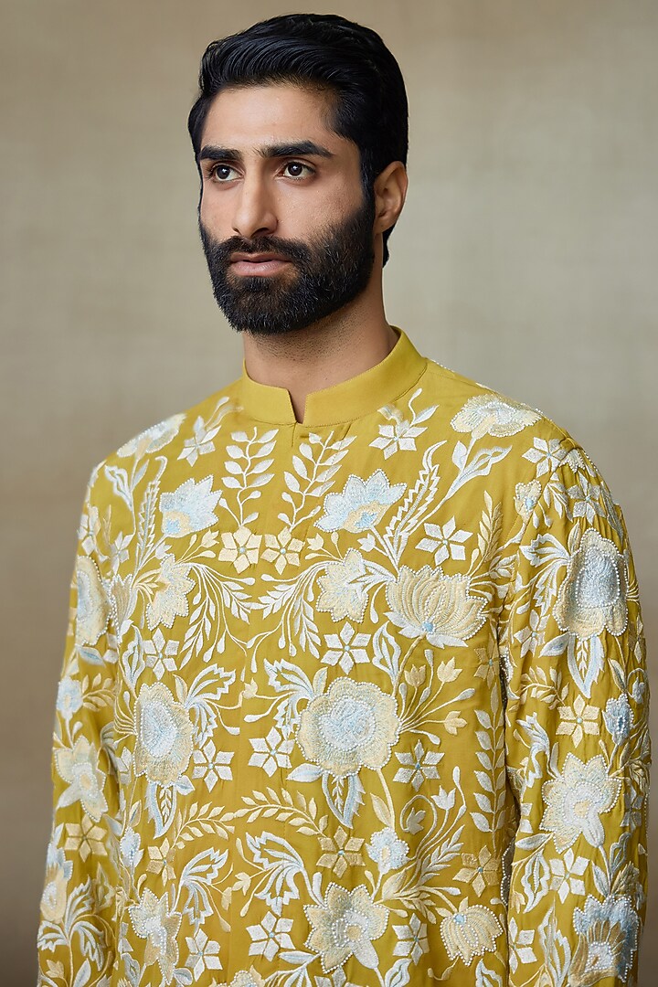 Yellow Silk Printed & Embroidered Kurta by SHASHA GABA MEN at Pernia's Pop Up Shop