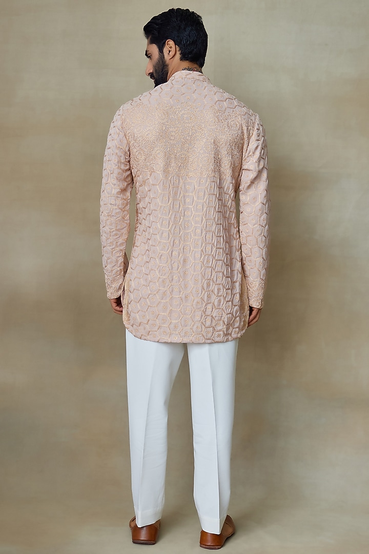 Dark Rose Silk Chanderi Printed & Embroidered Kurta by SHASHA GABA MEN at Pernia's Pop Up Shop