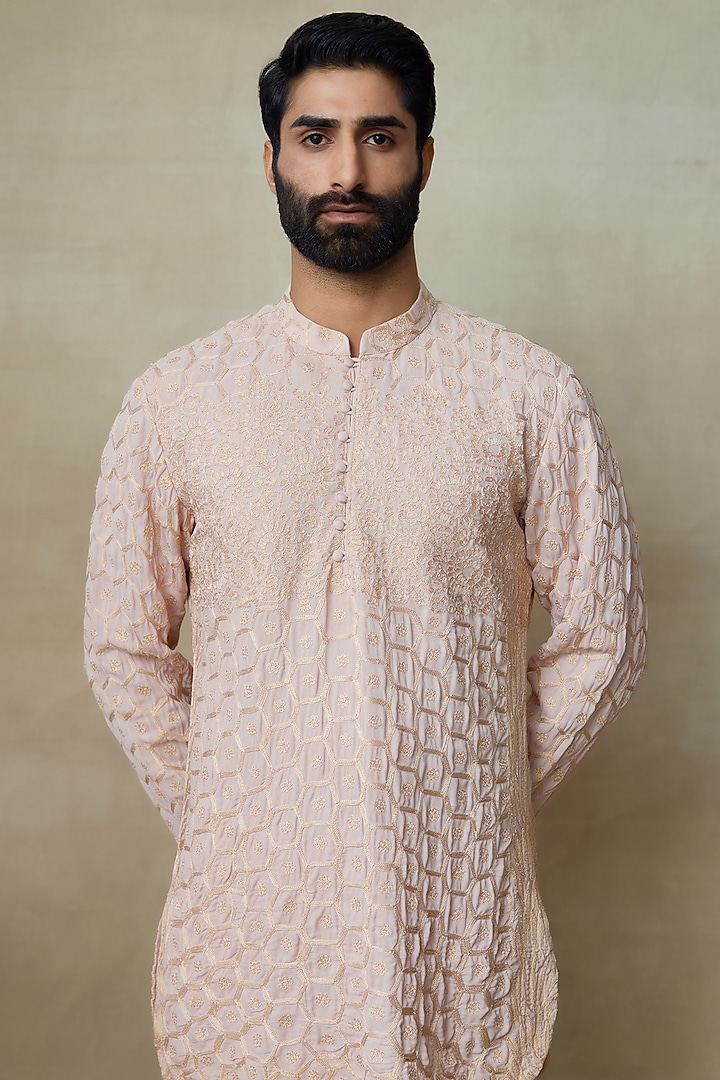 Dark Rose Silk Chanderi Printed & Embroidered Kurta by SHASHA GABA MEN at Pernia's Pop Up Shop