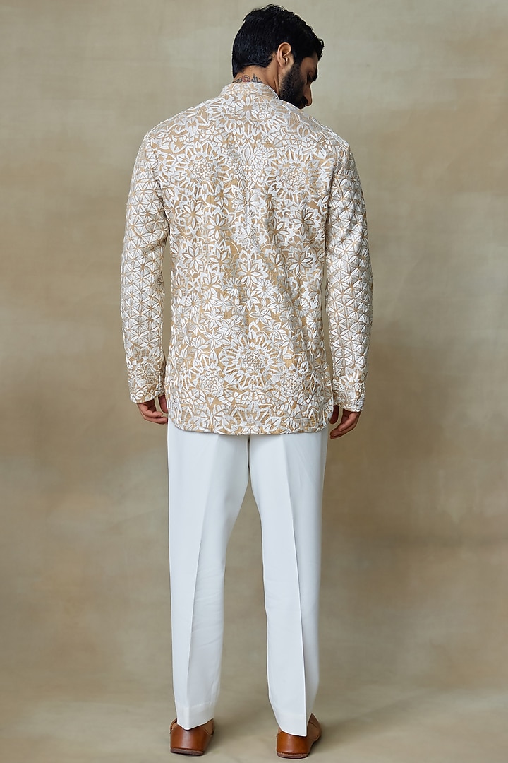 Gold Silk Tissue Printed & Embroidered Short Kurta by SHASHA GABA MEN at Pernia's Pop Up Shop