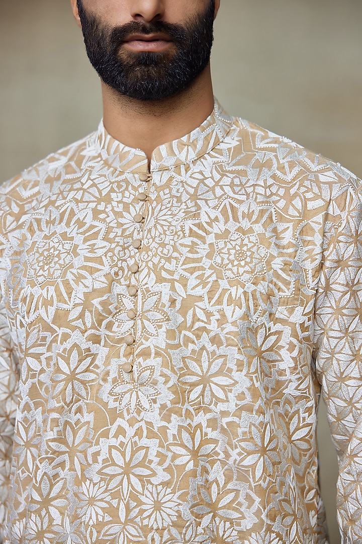 Gold Silk Tissue Printed & Embroidered Short Kurta by SHASHA GABA MEN at Pernia's Pop Up Shop