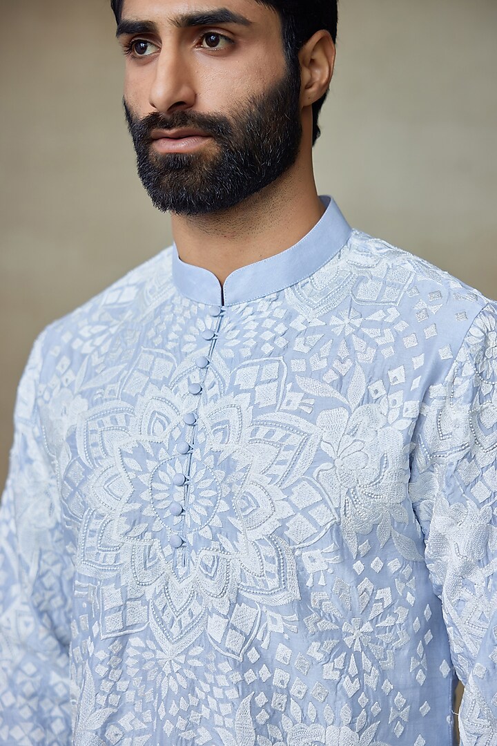 Icy Blue Silk Chanderi Printed & Embroidered Kurta by SHASHA GABA MEN at Pernia's Pop Up Shop