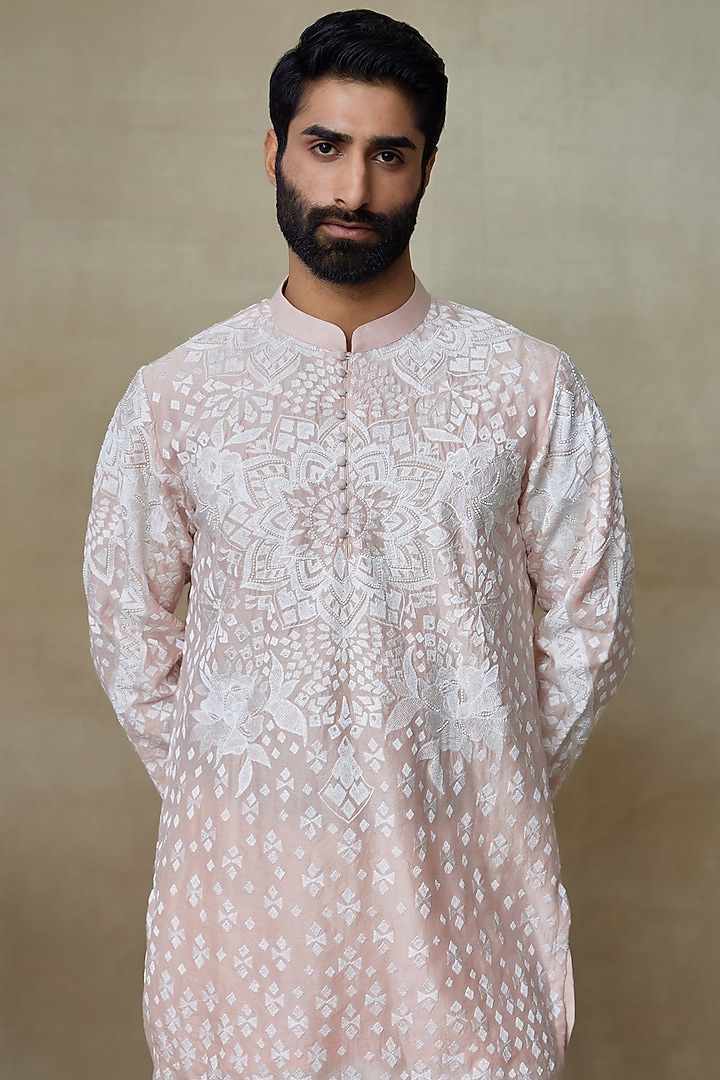 Pink Georgette Printed & Embroidered Kurta by SHASHA GABA MEN at Pernia's Pop Up Shop