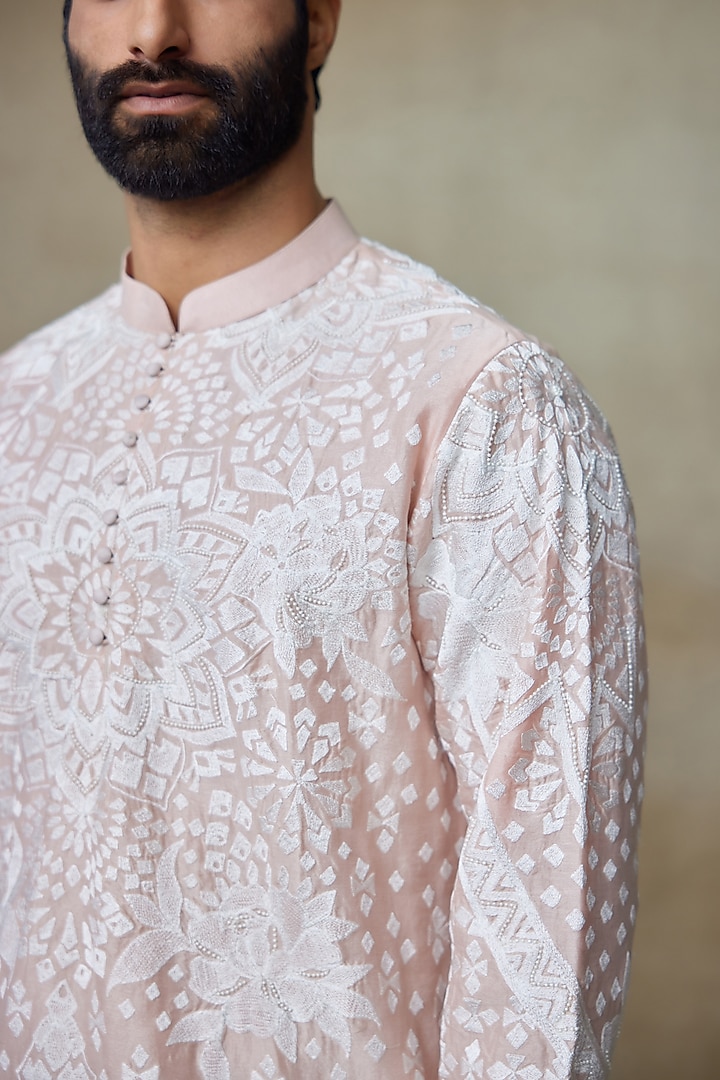 Pink Georgette Printed & Embroidered Kurta by SHASHA GABA MEN at Pernia's Pop Up Shop