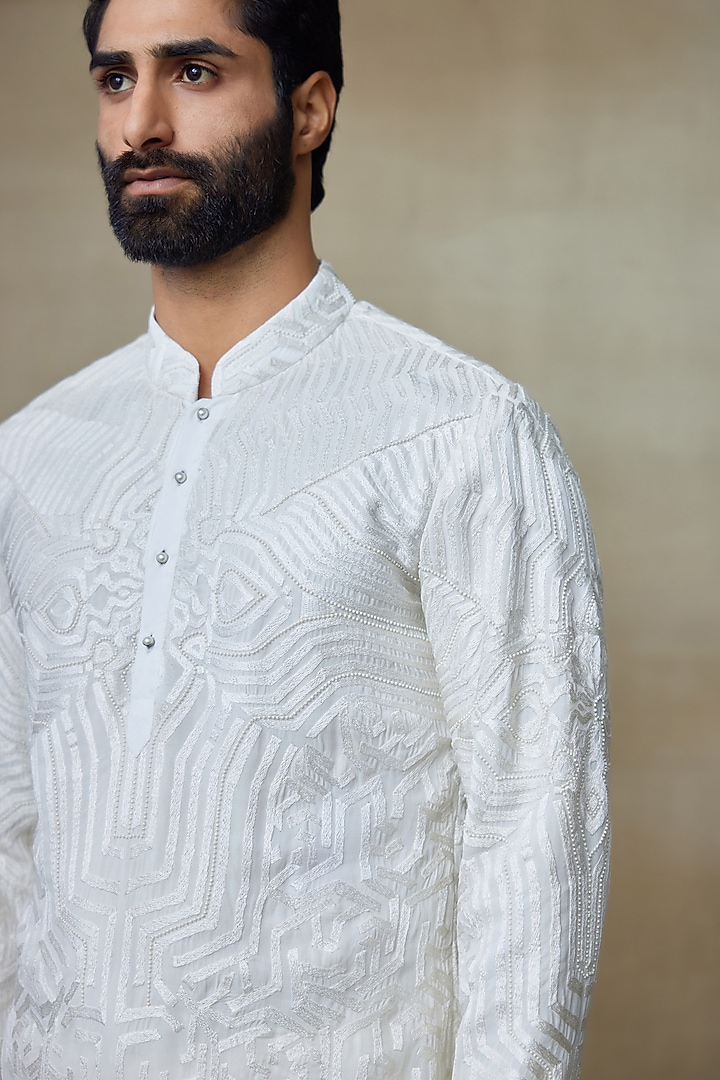 Ivory Silk Printed & Embroidered Kurta by SHASHA GABA MEN at Pernia's Pop Up Shop