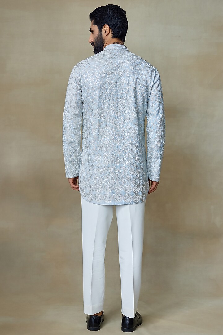 Ice Blue Silk Chanderi Printed & Embroidered Kurta by SHASHA GABA MEN at Pernia's Pop Up Shop