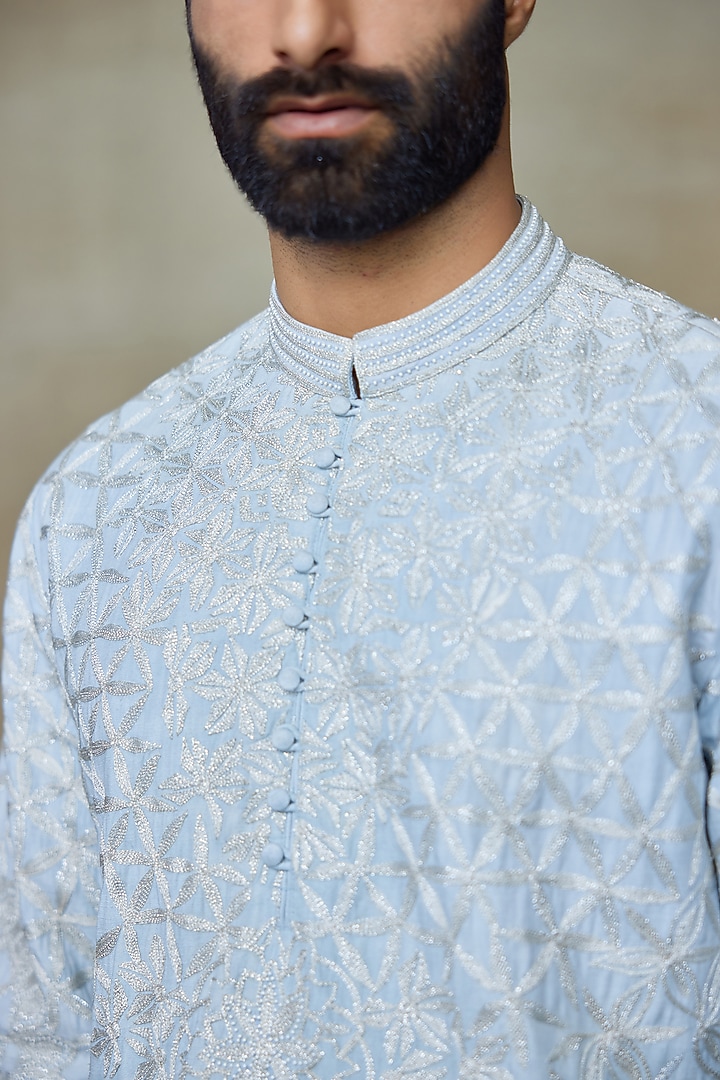 Ice Blue Silk Chanderi Printed & Embroidered Kurta by SHASHA GABA MEN at Pernia's Pop Up Shop