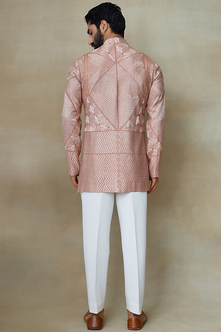 Old Rose Silk Chanderi Printed & Embroidered Kurta by SHASHA GABA MEN at Pernia's Pop Up Shop