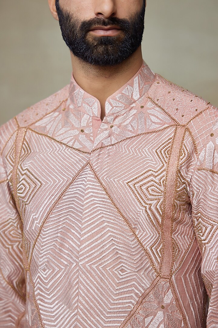Old Rose Silk Chanderi Printed & Embroidered Kurta by SHASHA GABA MEN at Pernia's Pop Up Shop