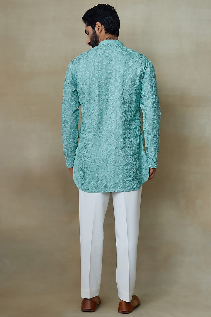 Jade Silk Floral Resham Embroidered Kurta by SHASHA GABA MEN at Pernia's Pop Up Shop