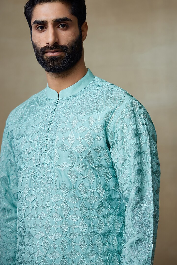 Jade Silk Floral Resham Embroidered Kurta by SHASHA GABA MEN at Pernia's Pop Up Shop